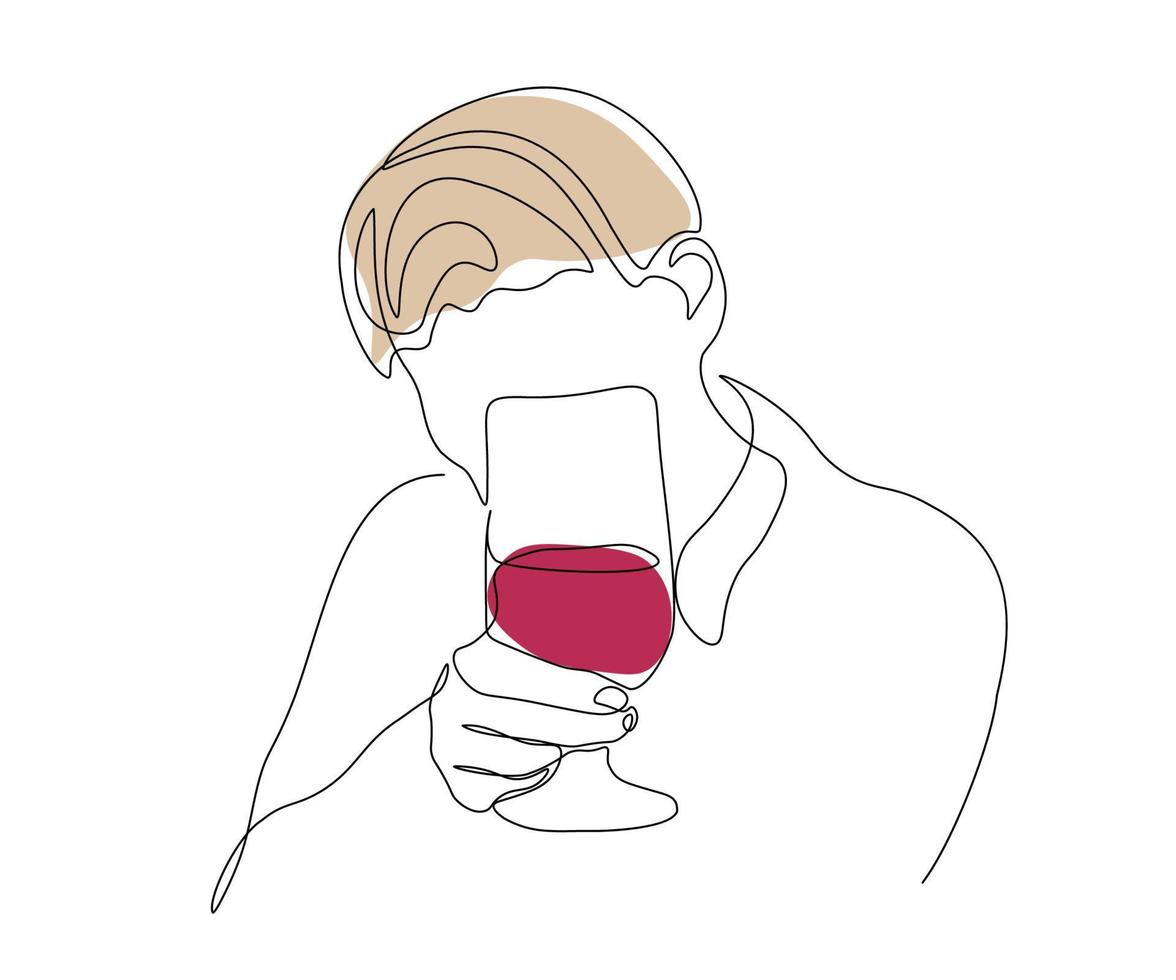 mujer abstracta sin rostro con una copa de vino, una copa de cerveza o whisky, dibujada a mano, línea mono continua, arte de una línea vector