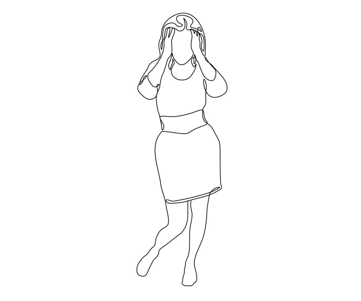 abstract girl without a face stands with her hands raised to her face, hand drawn, continuous monoline, one line art vector