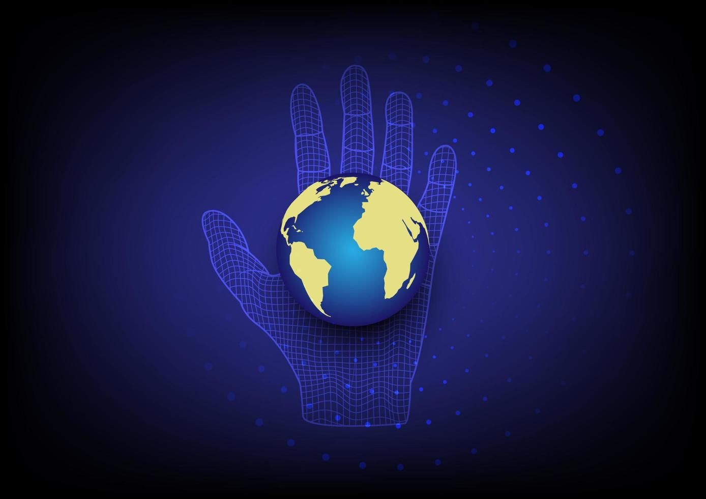 3d wireframe hand with globe. Vector hand holding 3d world globalization network background