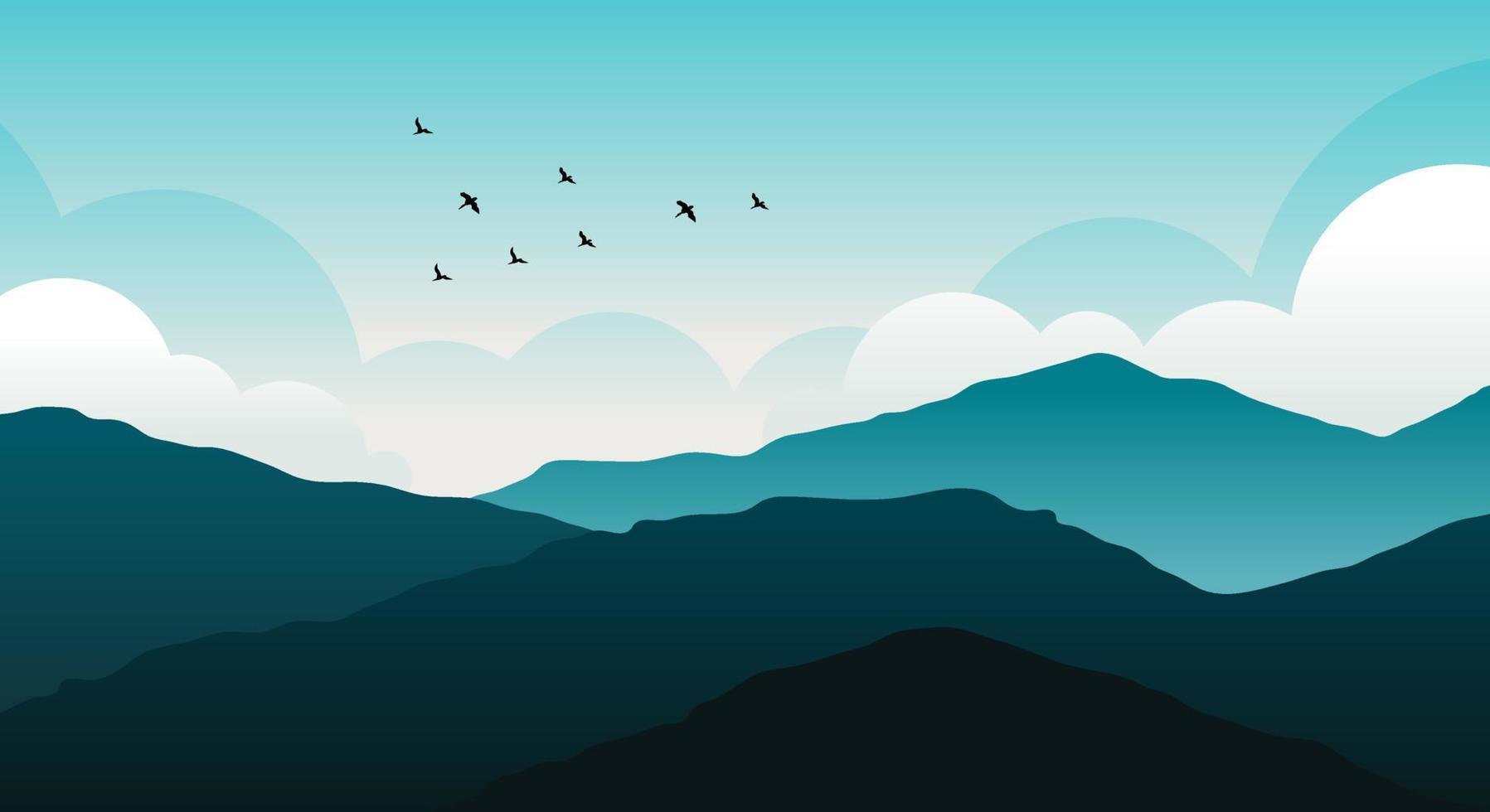 Natural landscape with silhouette of mountains, hills and sky with clouds and birds vectors and illustrations