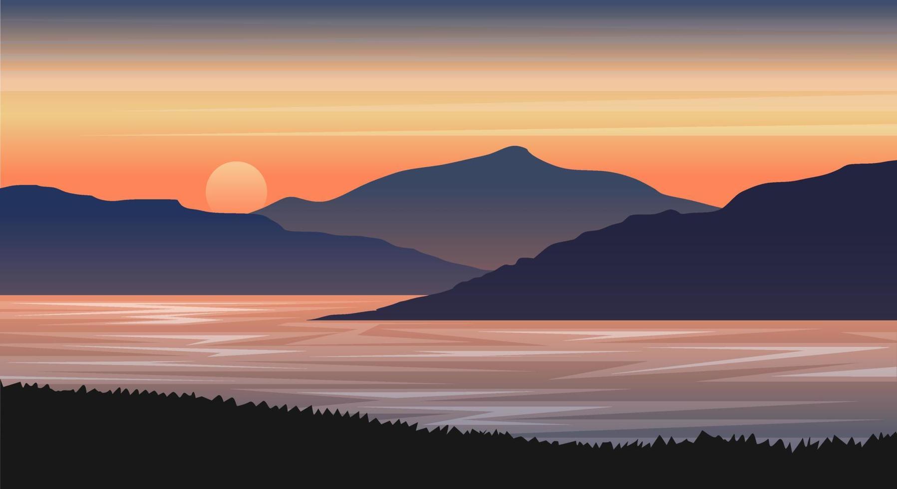 naturaleza paisaje montaña con lago al atardecer vector