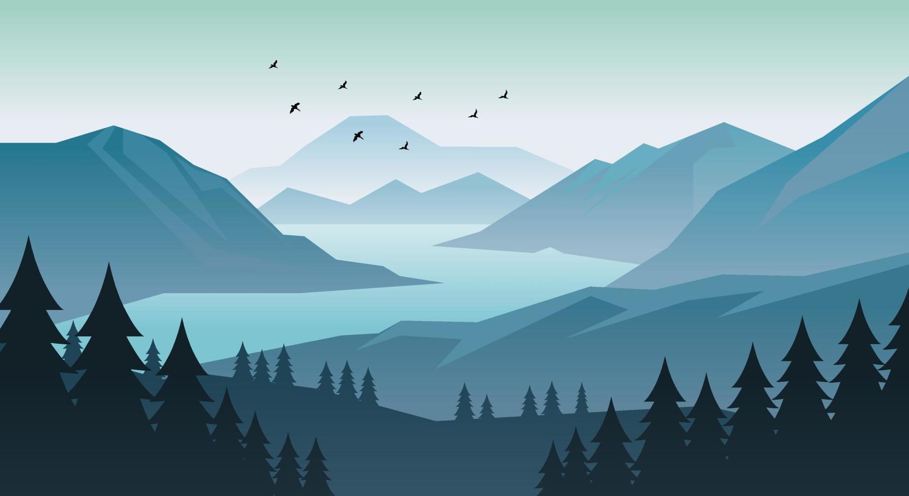 ilustración del paisaje natural de la silueta con pinos, colinas, montañas, río, cielo y pájaros vector