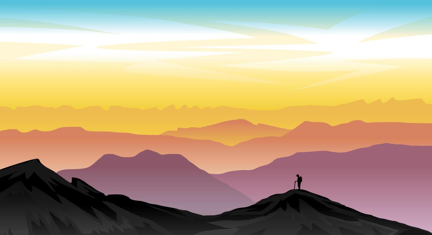 Natural landscape view of the mountains at sunrise with people climbing vector