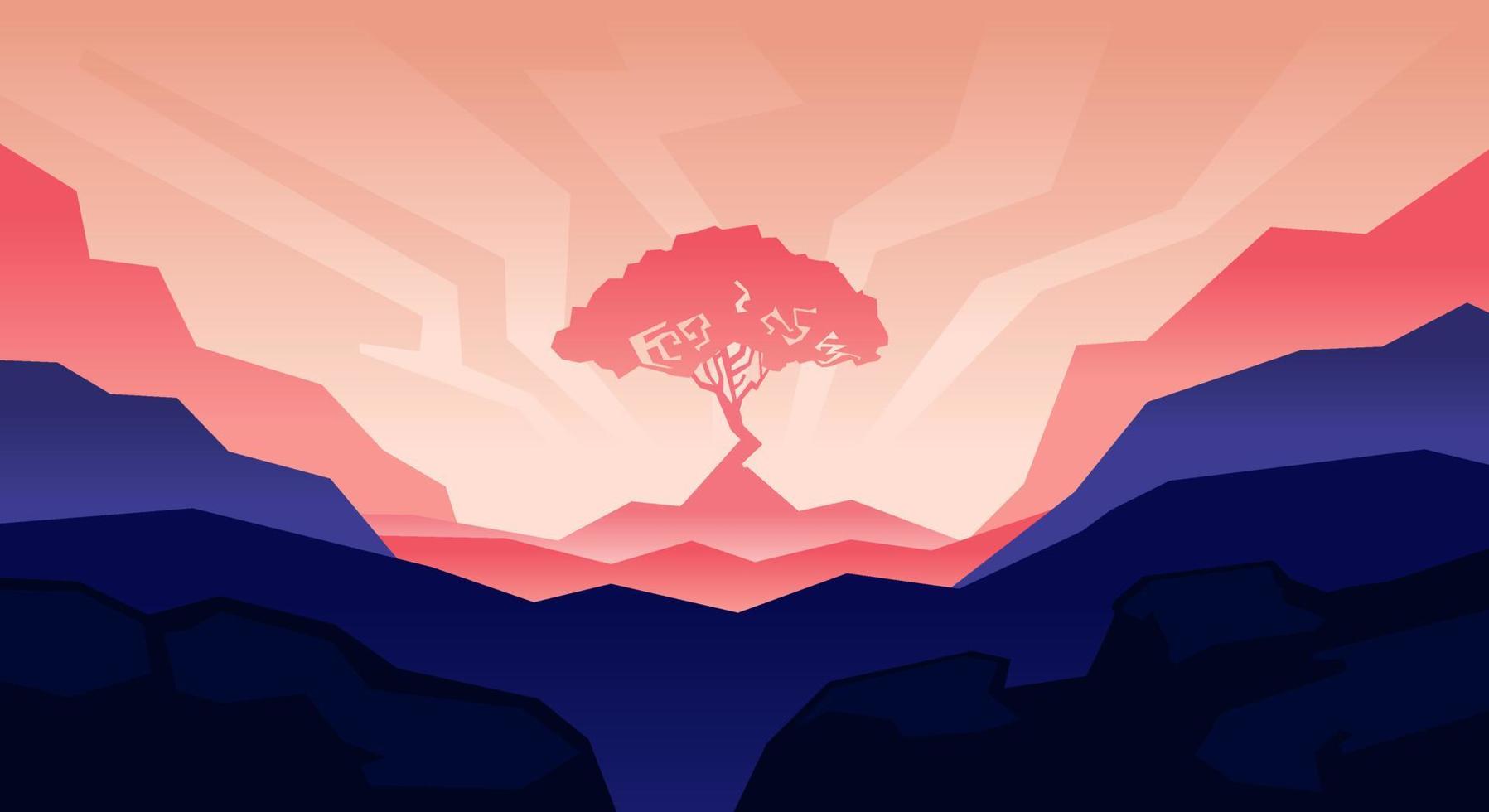 Natural landscape of silhouetted hills, tree and sky, with gradient purple and pink background vector