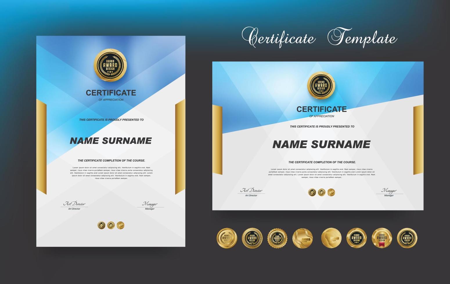 certificado de reconocimiento o diseño de plantilla de diploma de premio y distintivos premium de lujo dorado vectorial vector