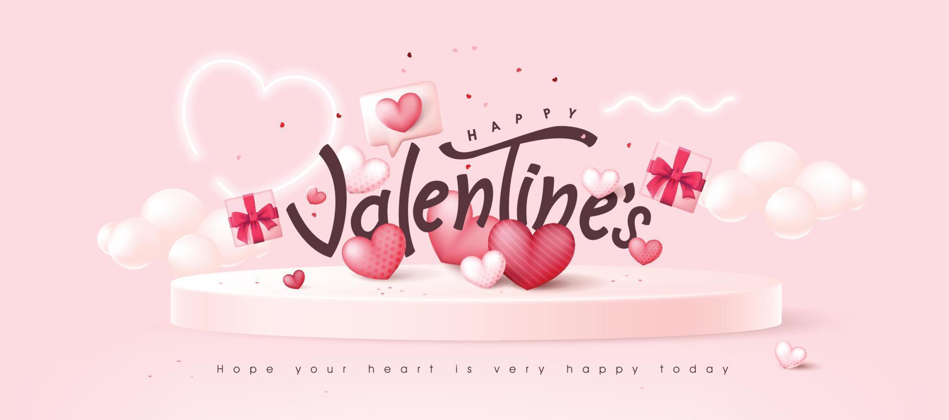 fondo del día de san valentín con globos en forma de corazón y diseño de texto en la pantalla del podio vector