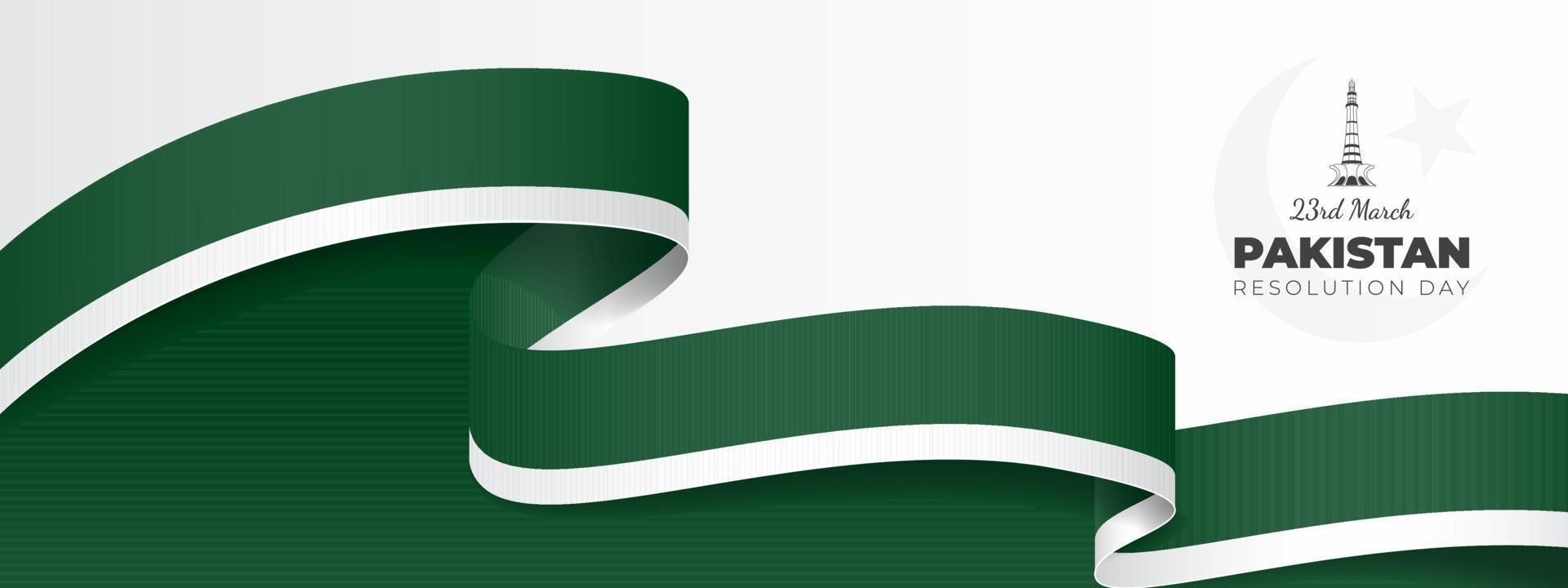 Pakistan day banner with wavy flag ribbon, crescent, star, and tower of pakistan vector