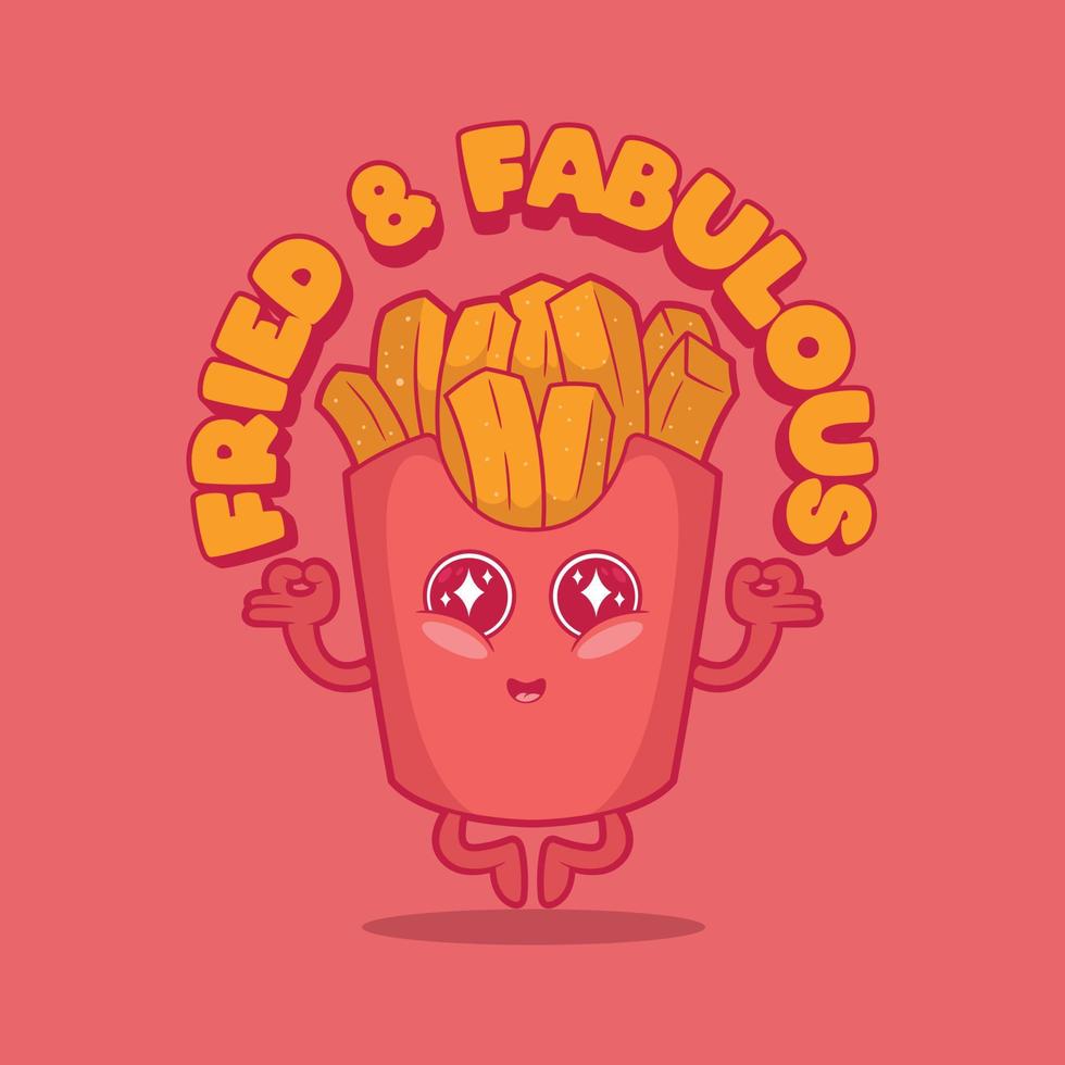 French fries character happy and meditating vector illustration. Food, funny, slogan design concept.