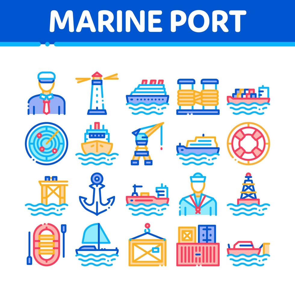 conjunto de iconos de colección de transporte de puerto marítimo vector