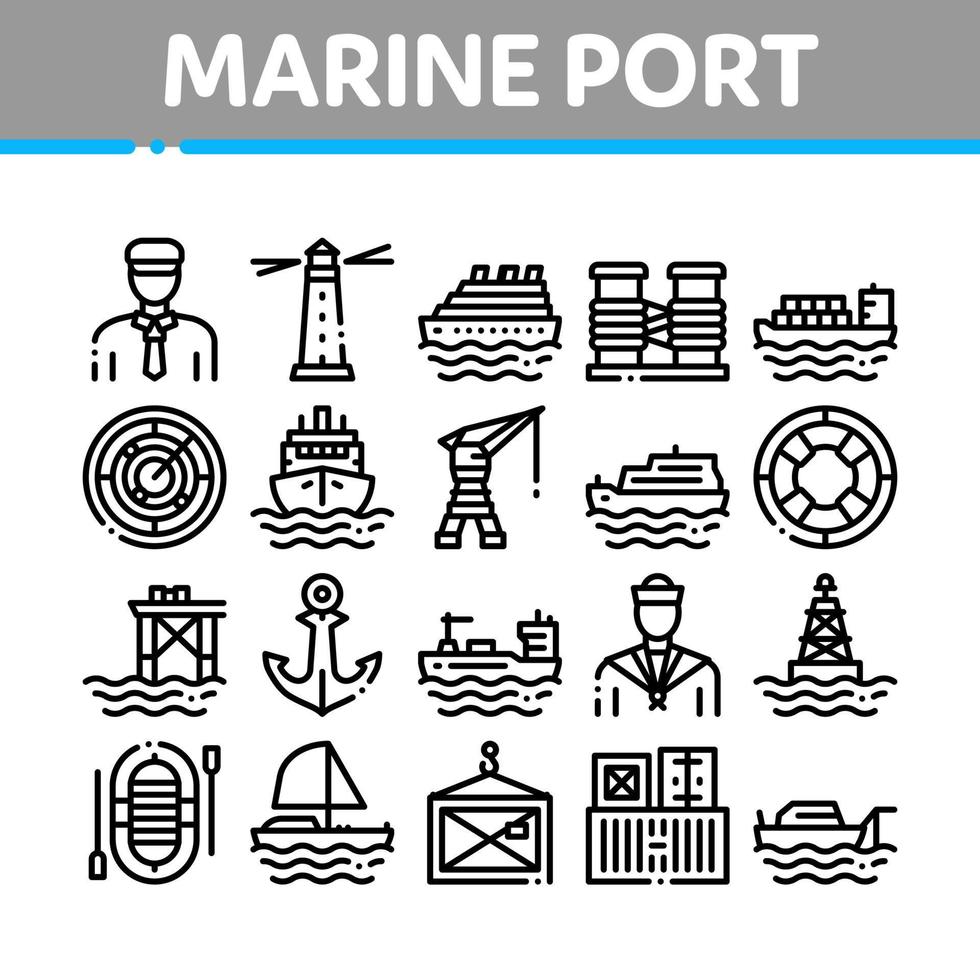 conjunto de iconos de colección de transporte de puerto marítimo vector