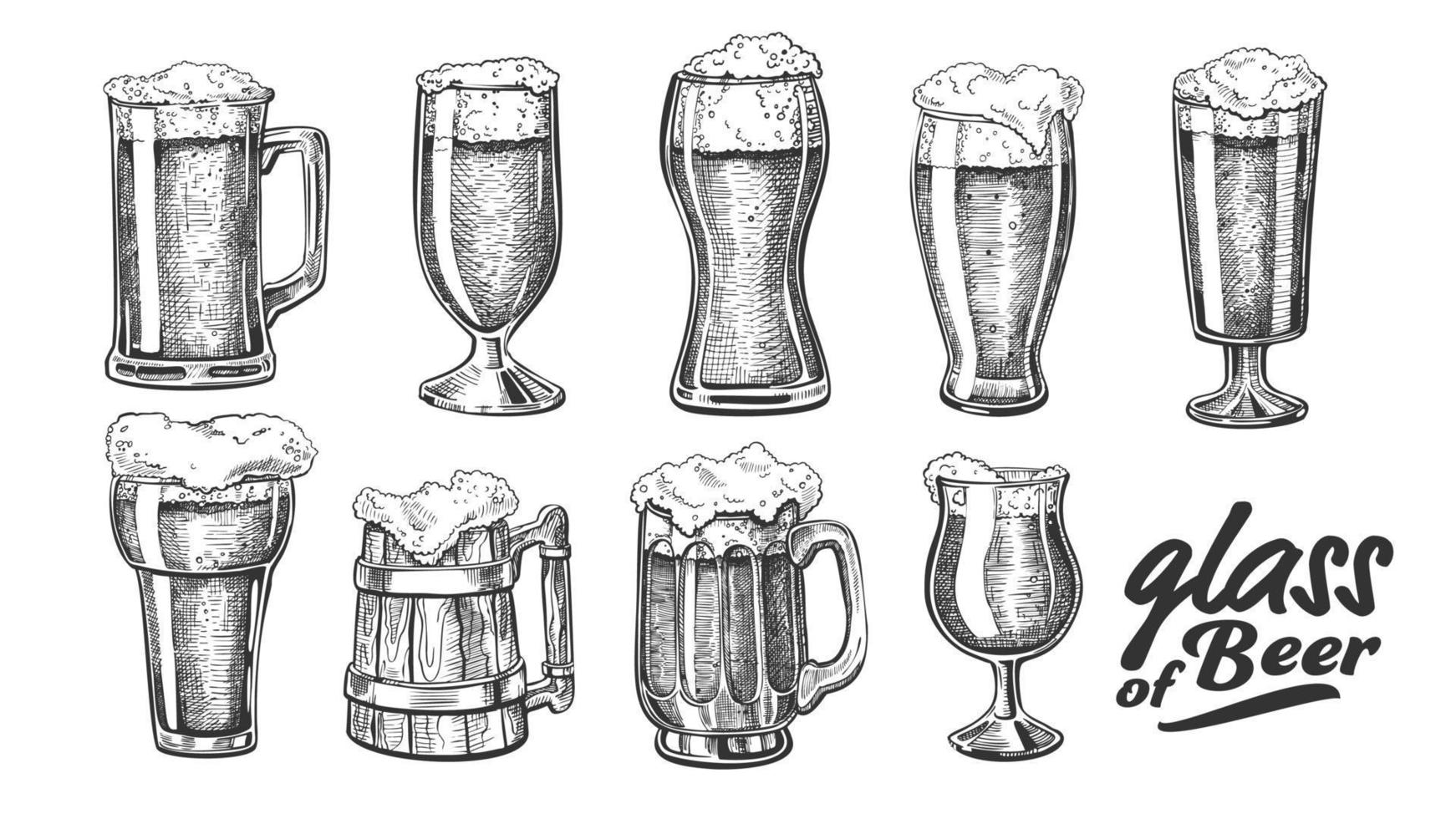 Hand Drawn Glass With Foam Bubble Beer Set Vector