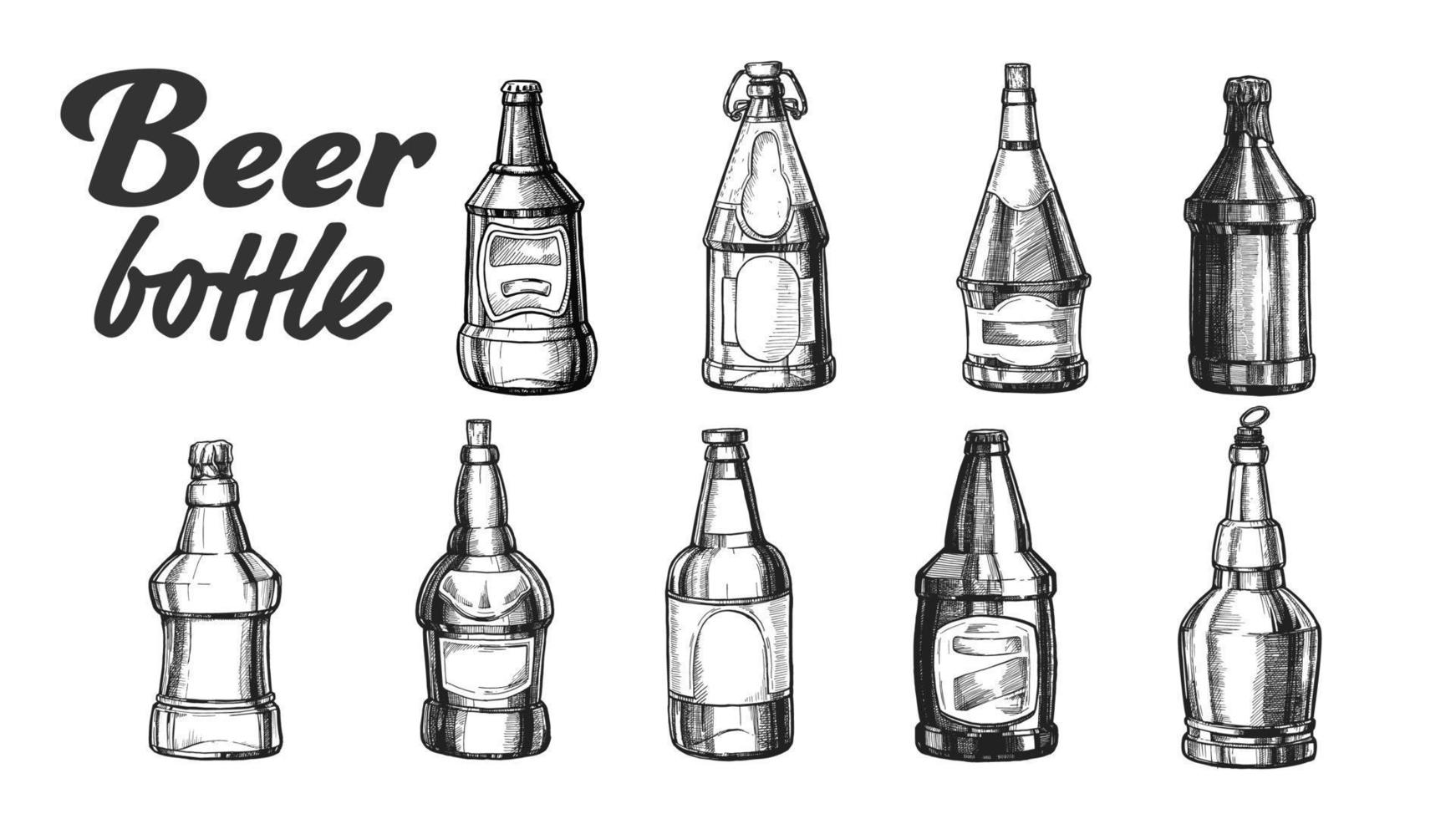 Hand Drawn Blank Closed Beer Bottle Set Vector