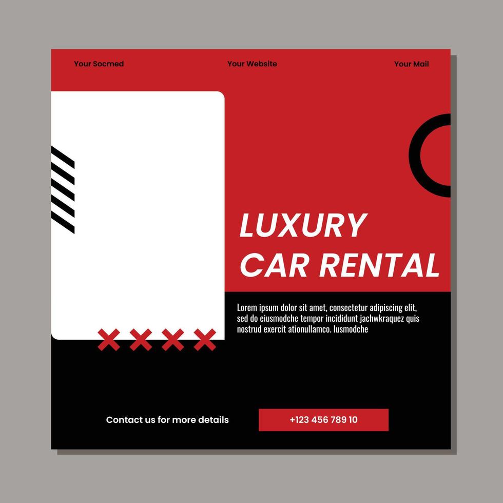editable square banner template. Car rental banner with black and red color background. Flat design vector with photo collage. Usable for social media, story and web internet ads.