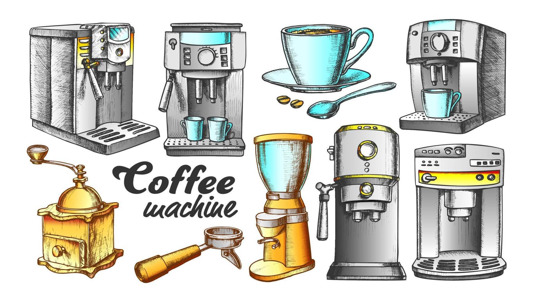 máquina de café, soporte y taza retro set vector