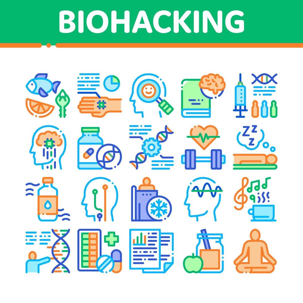 Biohacking Collection Elements Icons Set Vector