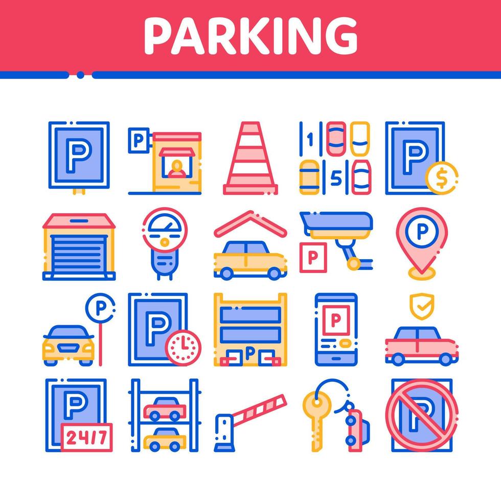 Parking Car Collection Elements Icons Set Vector