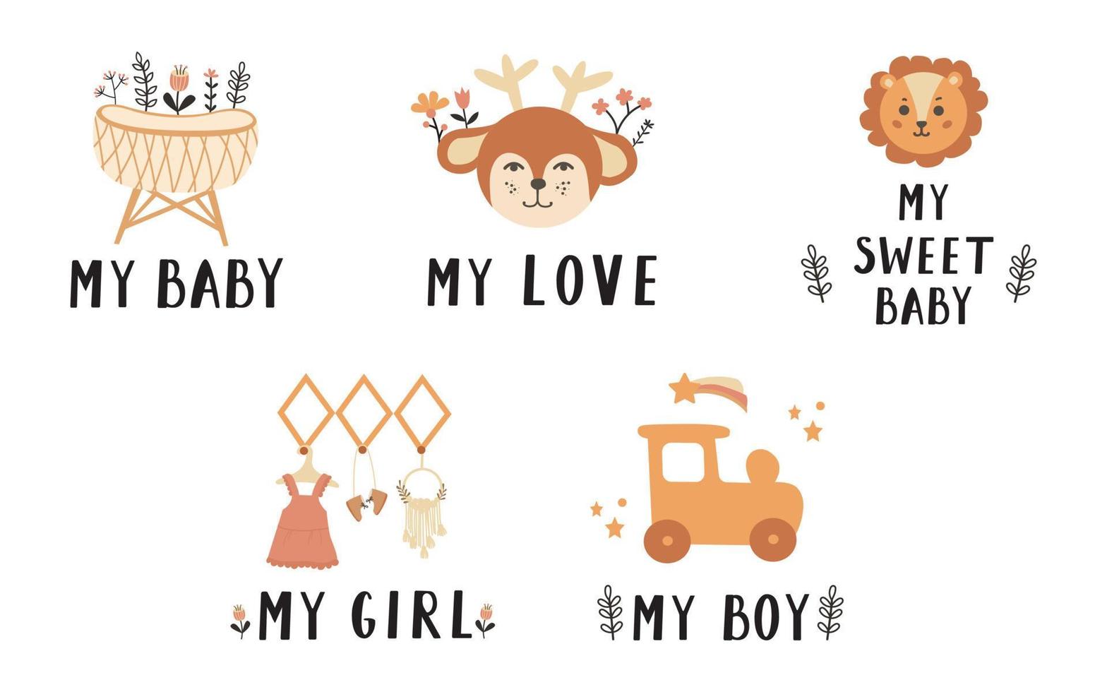 vector poster of my child, my love, my boy and girl, with a calligraphic composition, and floral elements. white background for baby shower. Arrival of the child. Cartoon vector illustration