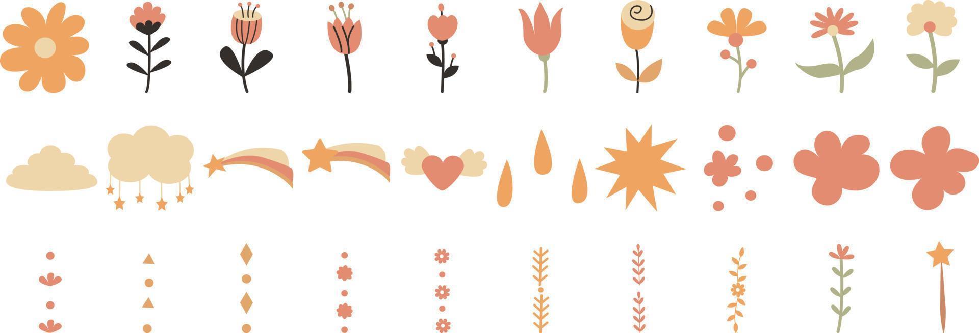 Set of hand drawn shapes and doodle design elements. Flowers and plants. Abstract contemporary modern trendy vector illustration. Perfect for posters, instagram posts, stickers