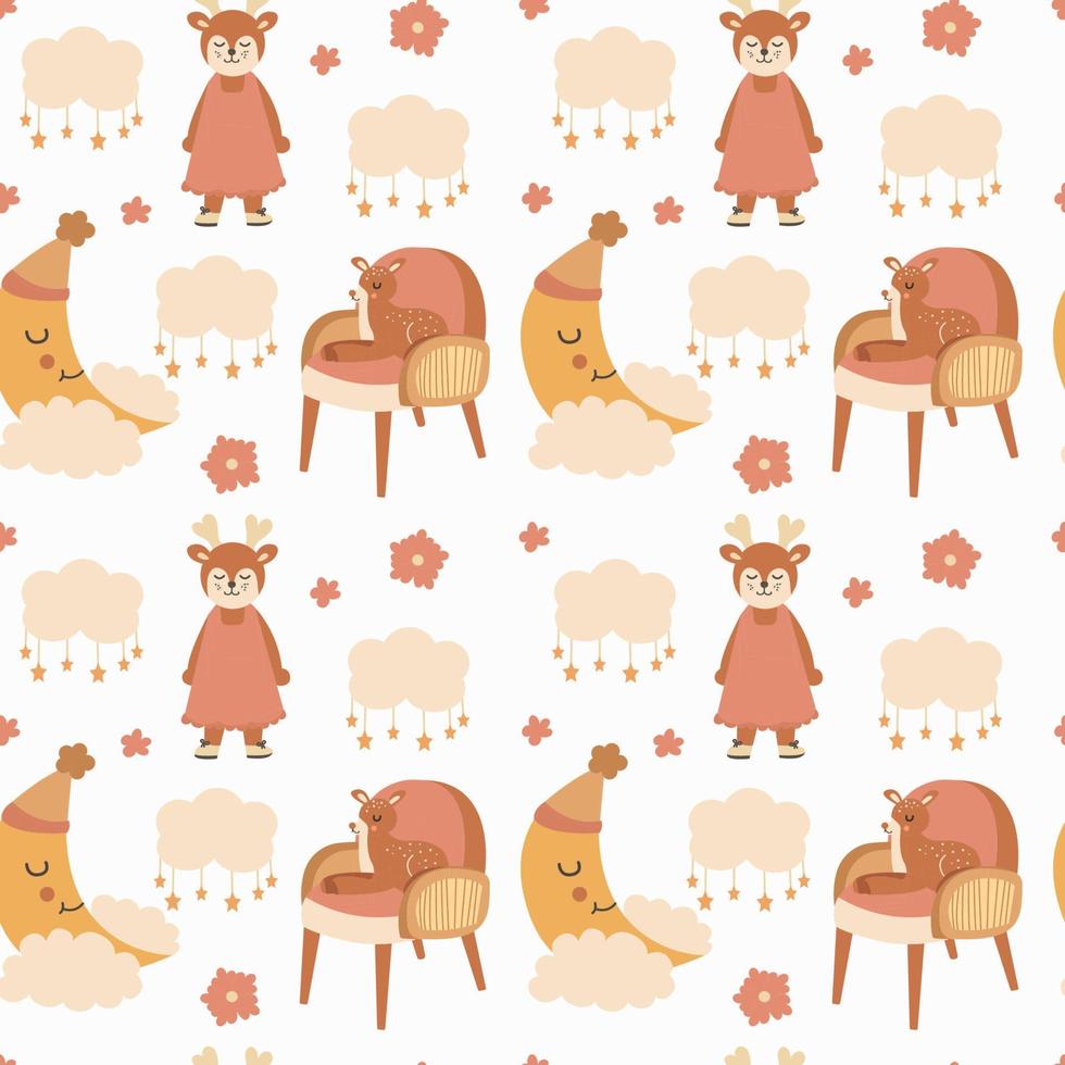 Cute seamless pattern with a teddy bear, a deer in a dress and a deer on a chair, with the moon on a cloud. Vector print in boho style for a child