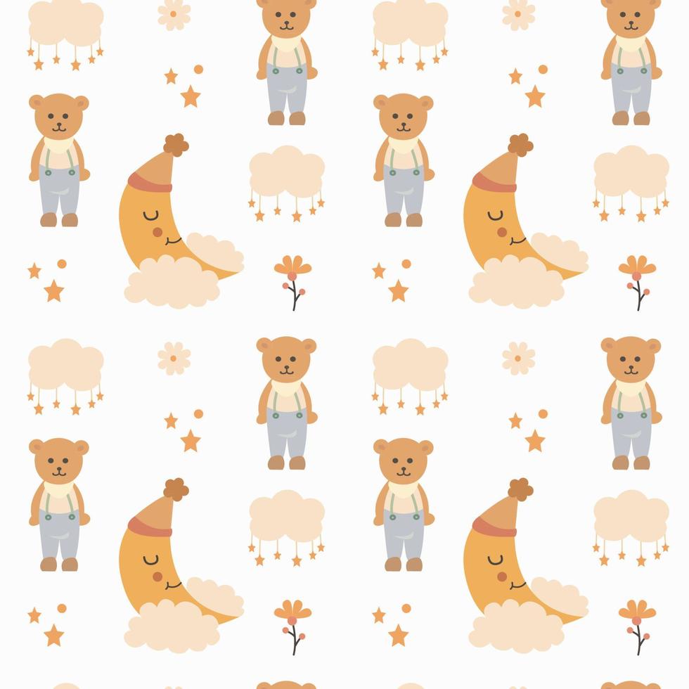 Cute seamless pattern with a teddy bear, moon with clouds, in Scandinavian style. Vector print in boho style for a child