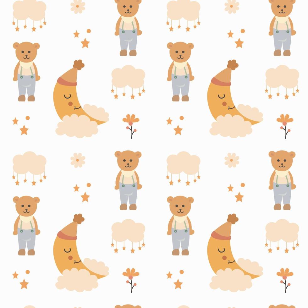 Cute seamless pattern with a teddy bear, moon with clouds, in Scandinavian style. Vector print in boho style for a child