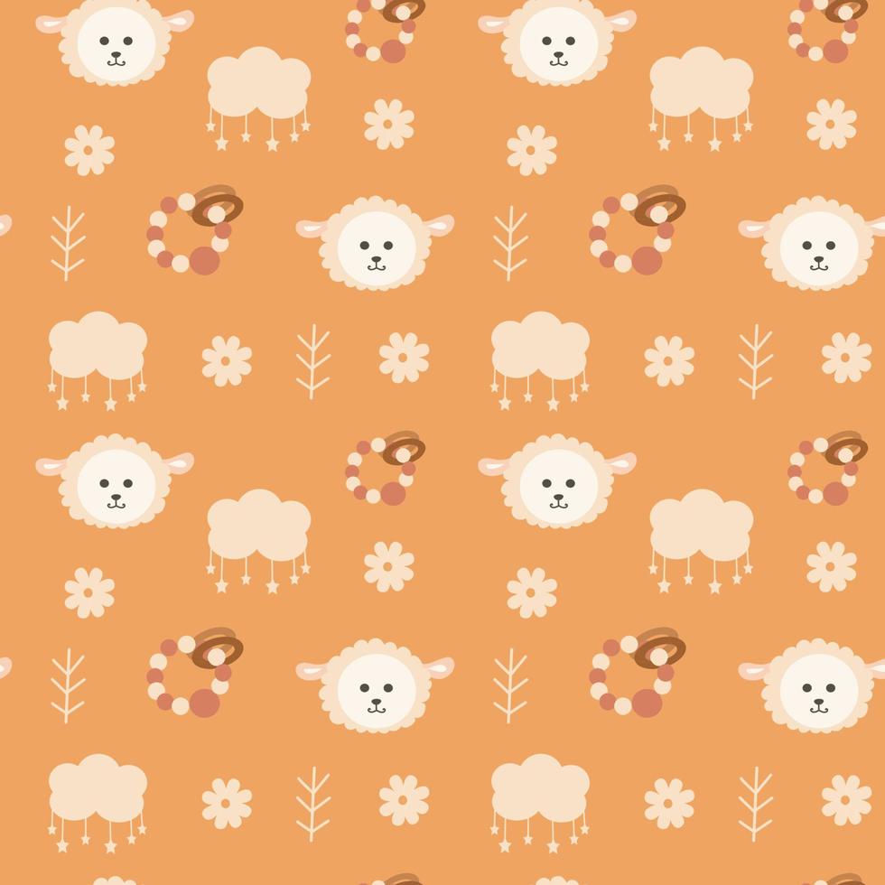 Cute seamless pattern with lamb, children's toy, clouds. Vector print in boho style for a child