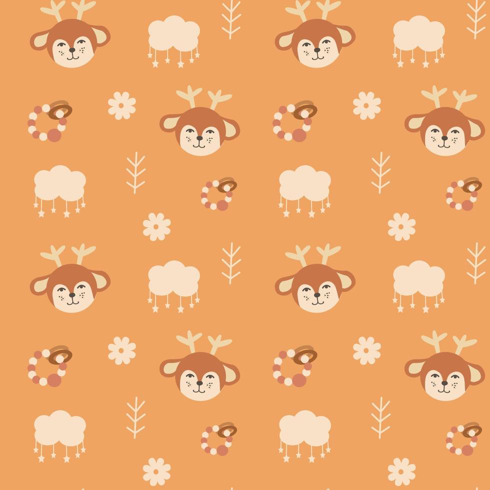 Cute seamless pattern with deer head, children's toy, clouds. Vector print in boho style for a child