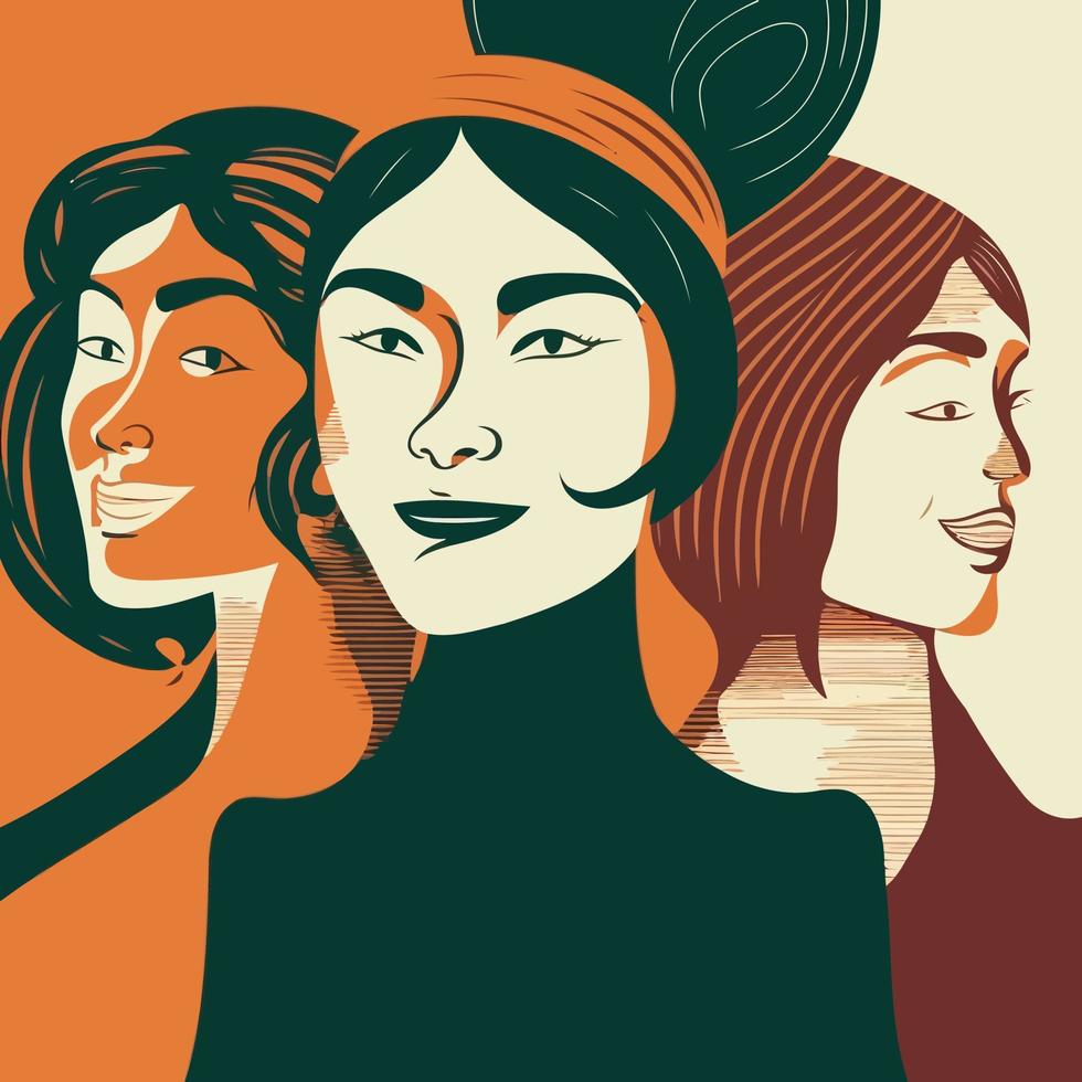 grupo de mujeres adultas que ilustran el día internacional de la mujer con personajes ficticios vector