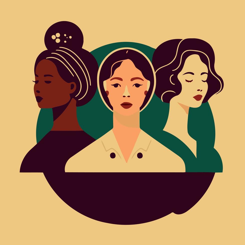 grupo de mujeres adultas que ilustran el día internacional de la mujer con personajes ficticios vector