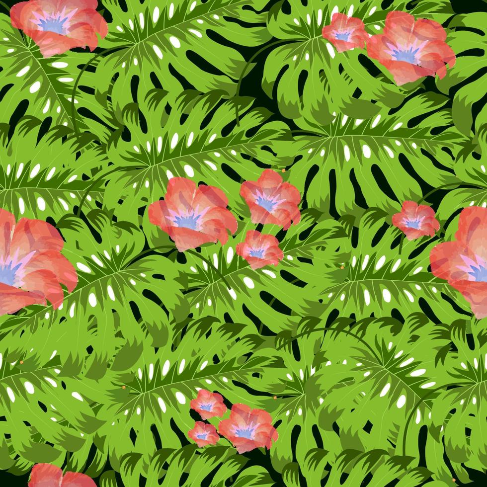 SEAMLESS PATTERN WITH MONSTERA AND PALM LEAVES vector