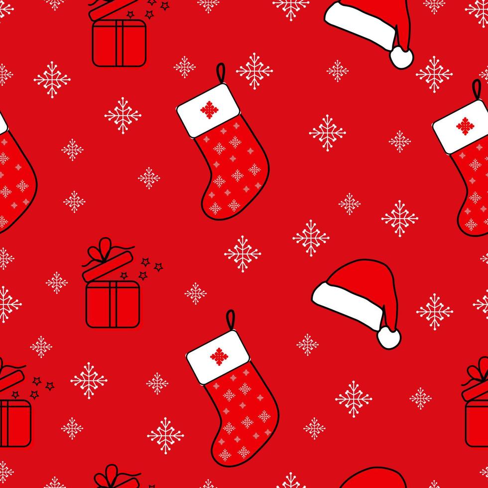Red christmas background with snowflakes, hat, gift box, socks vector