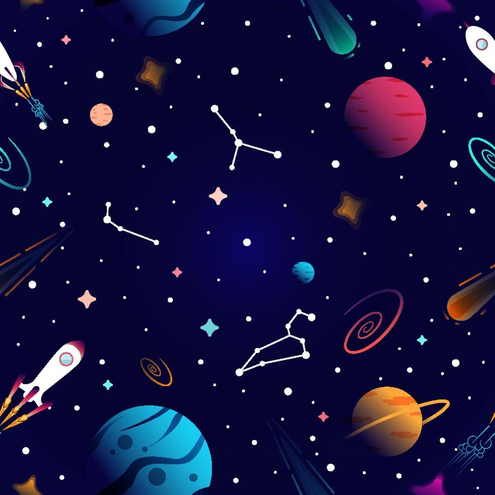 Seamless galaxy space pattern with constellations and planets vector