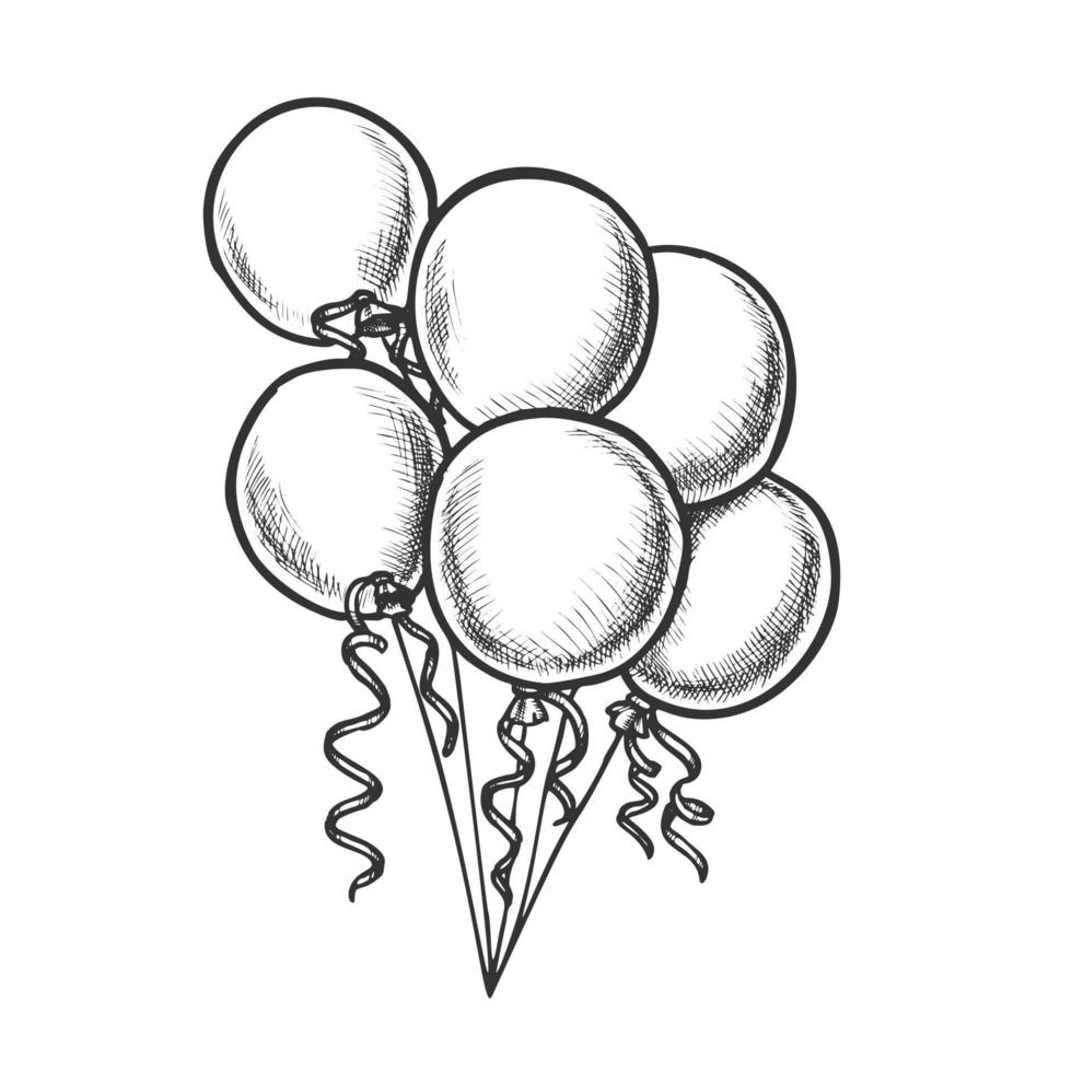 manojo de globos con vector monocromo de cinta rizada