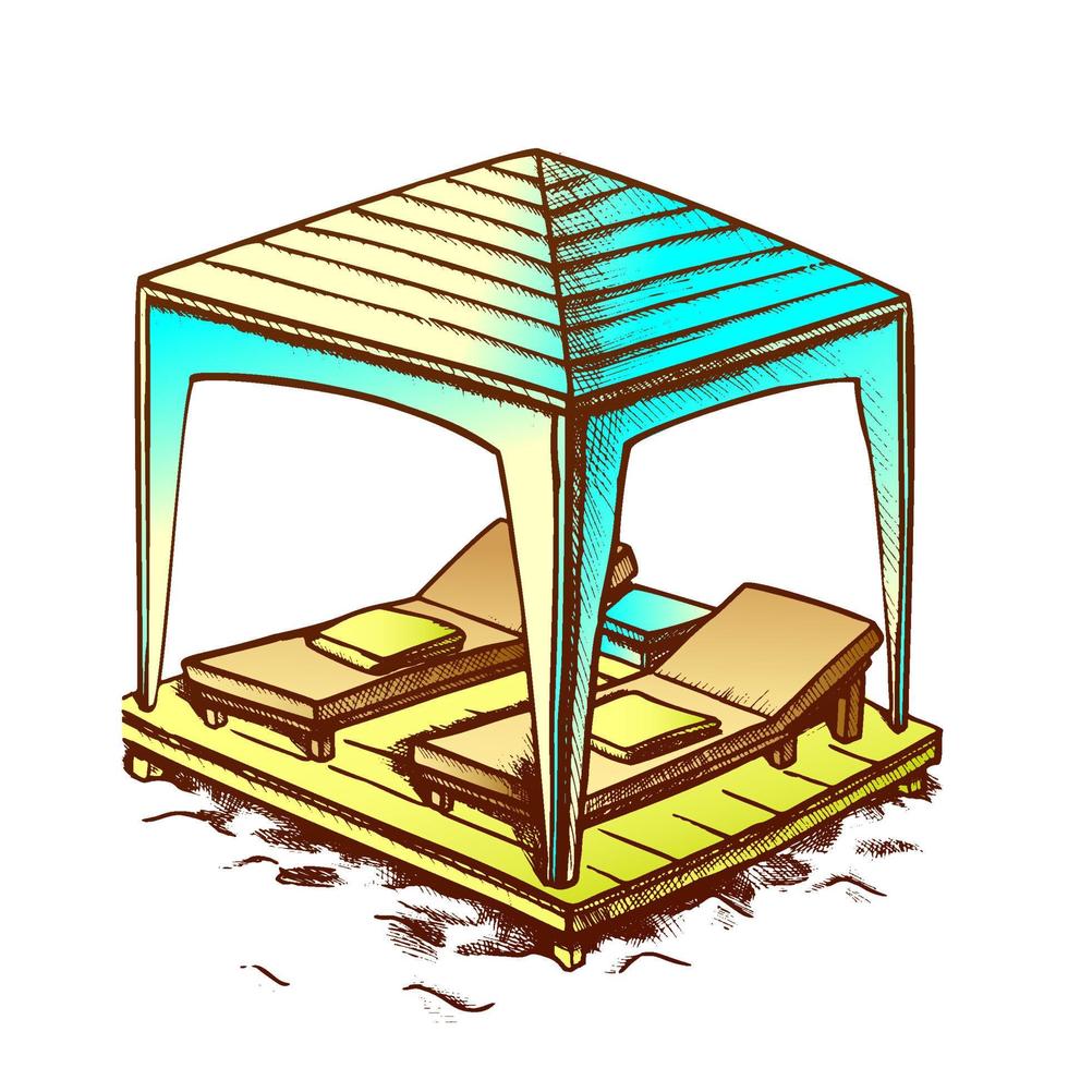 Beach Chairs Under Canopy At Coast Retro Vector