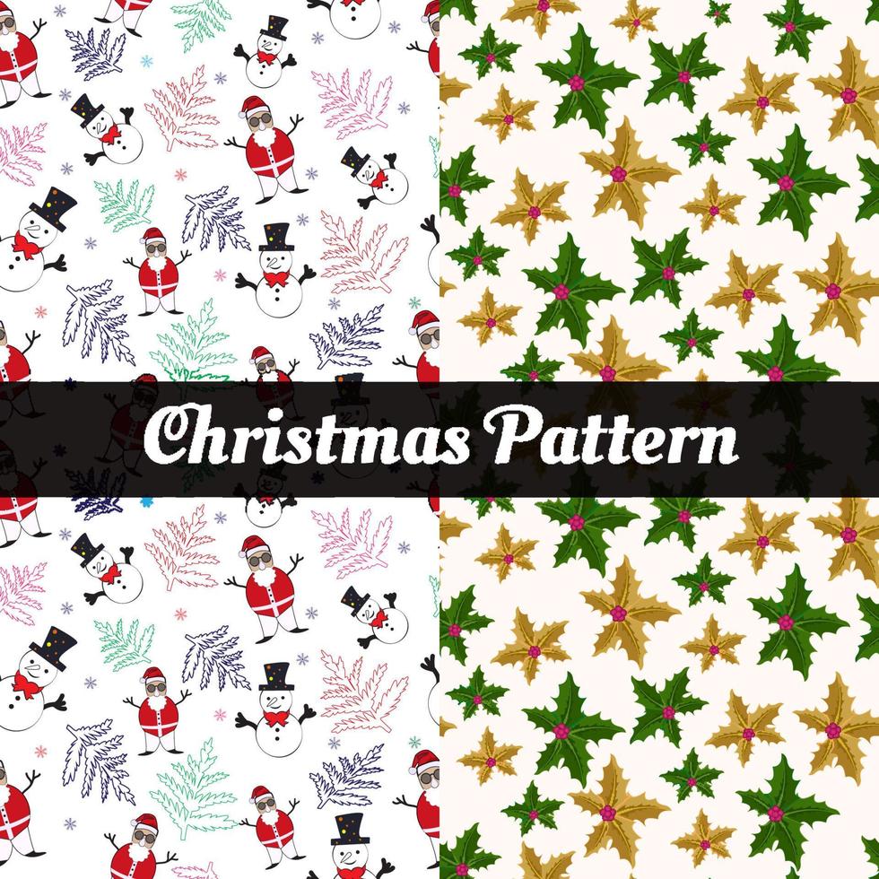 patrones navideños sin costuras con hojas, sombrero, copos de nieve vector