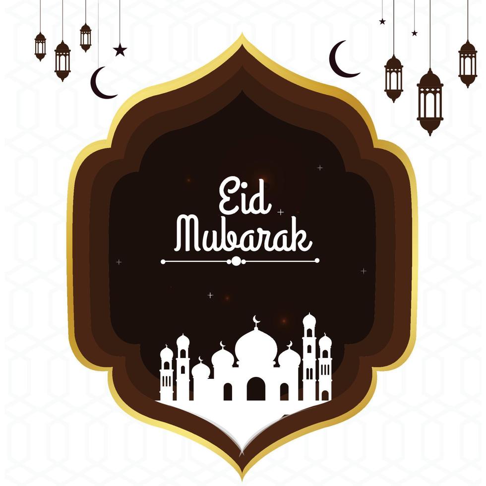 escena creativa de eid mubarak con mezquita, mosjid, linterna vector