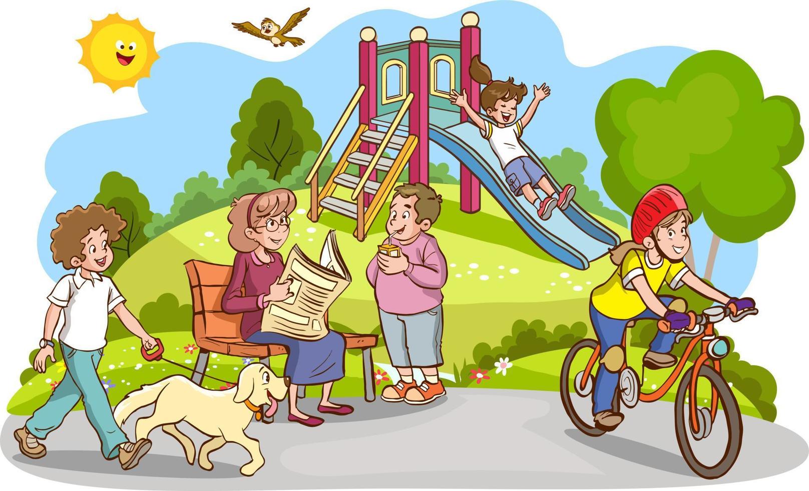 Vector illustration of happy kids playing in playground