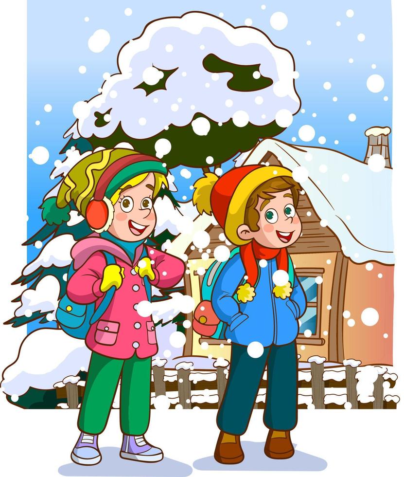 winter kids and snow snowfall cartoon vector