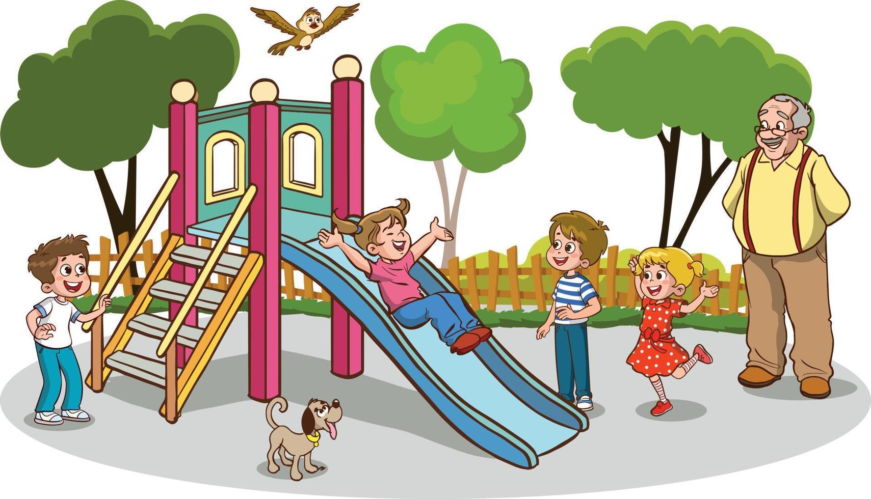 grandfather and kids playing in the playground cartoon vector