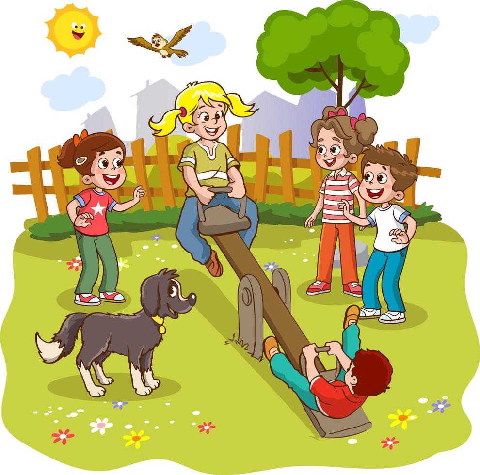 Vector illustration of happy kids playing in playground