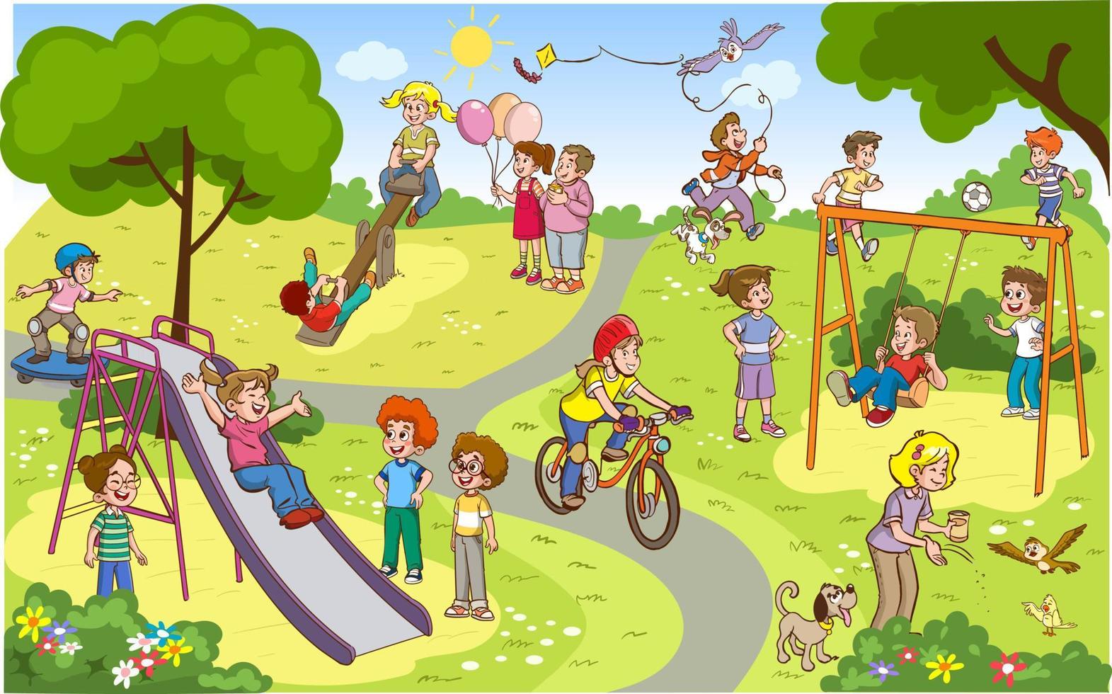 Vector illustration of happy kids playing in playground