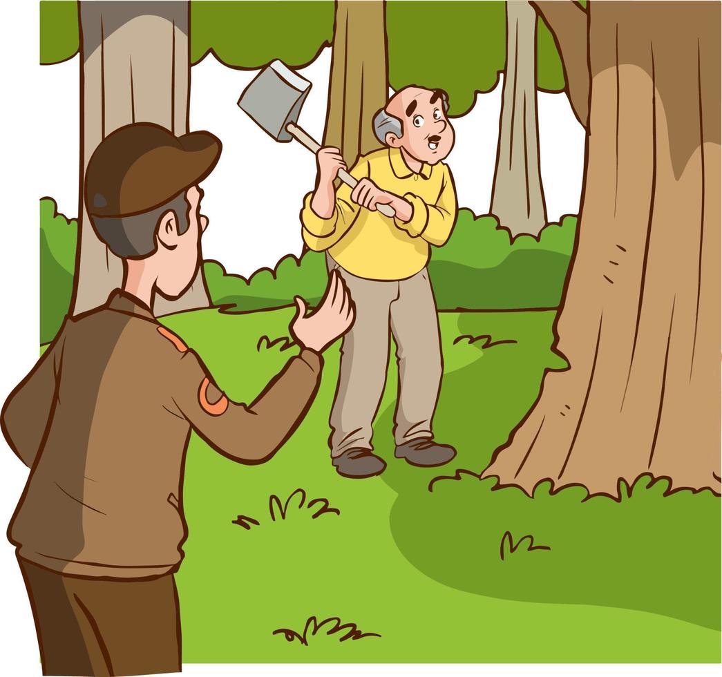 The man who cut the tree and the forest guard who warned him cartoon vector