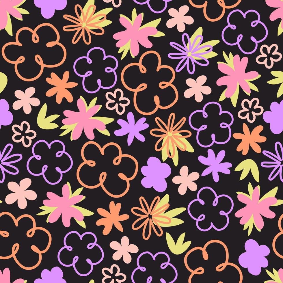 Seamless pattern with flowers drawn in doodle style. vector