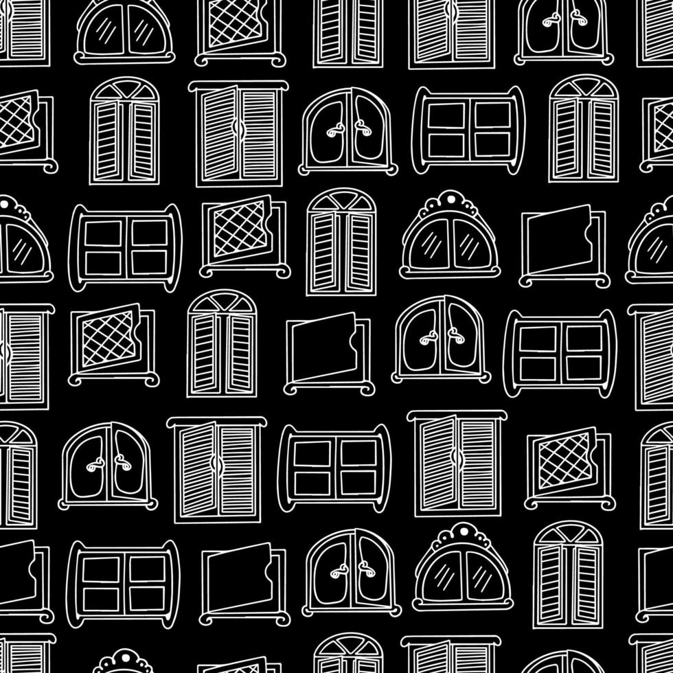 Seamless pattern with doodle style windows on a black background. vector