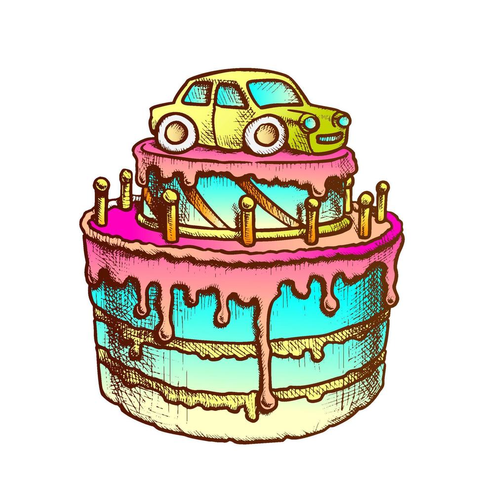 Birthday Cake Decorated With Car Retro Vector