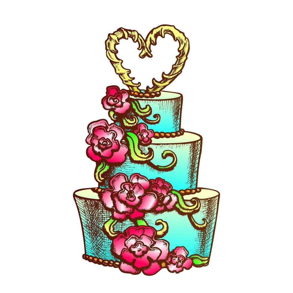 Cake Decorated Flowers And Heart On Top Ink Vector