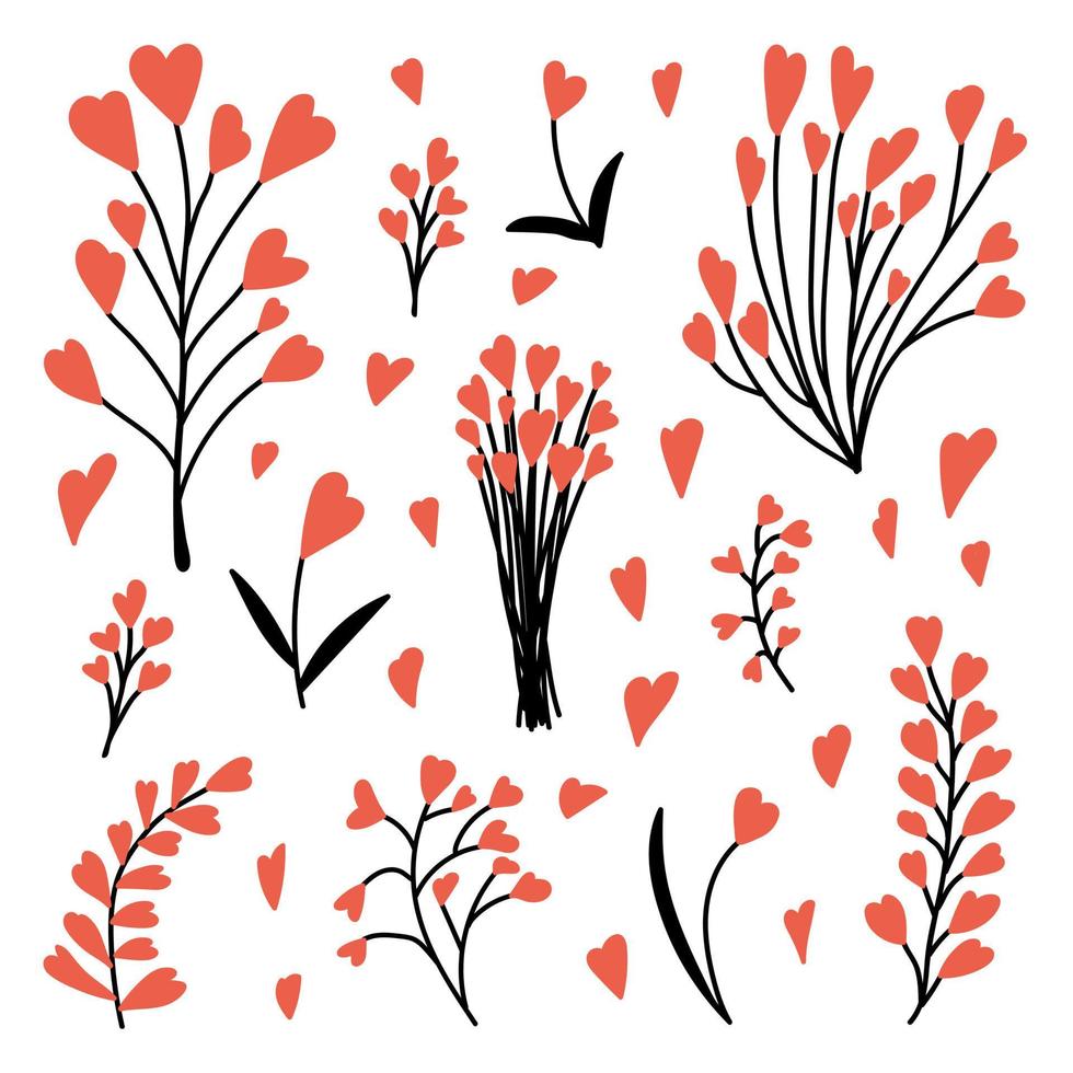 Heart shape flower. Love herbs set. Botanical vector set with heart plants.