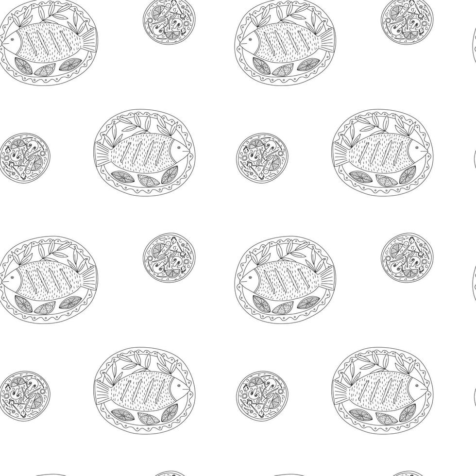 Vector Plah Plow fish sketch top view seamless pattern. Hand drawn national Thai dish on plate
