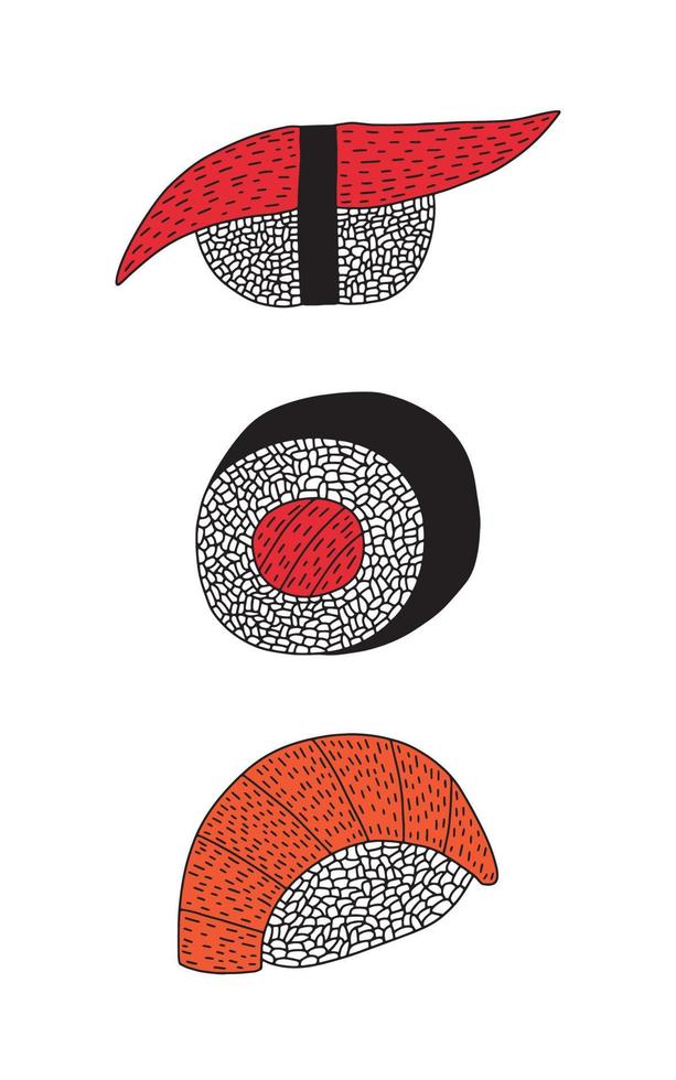 Hand drawn vector sushi and sashimi set. Different kinds of sushia and rolls with fish set. Asian food, Japanese and Chinese traditional food
