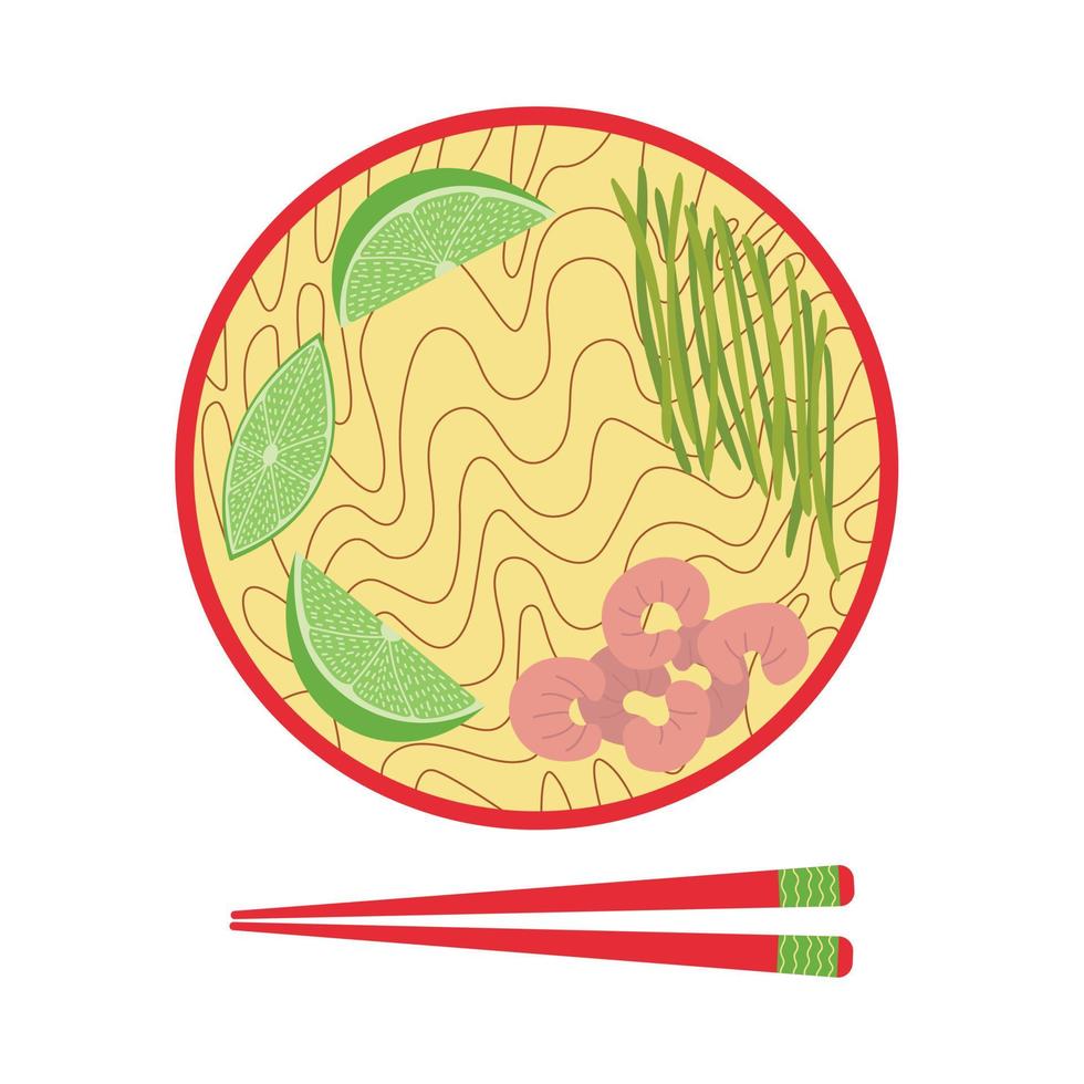 Vector pad Thai noodles flat style illustration. Hand drawn pad thai top table view dish